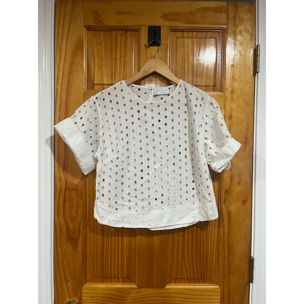 Women’s Jeune Otte White Eyelet Boho Short Sleeve Cotton Blouse Size Small
